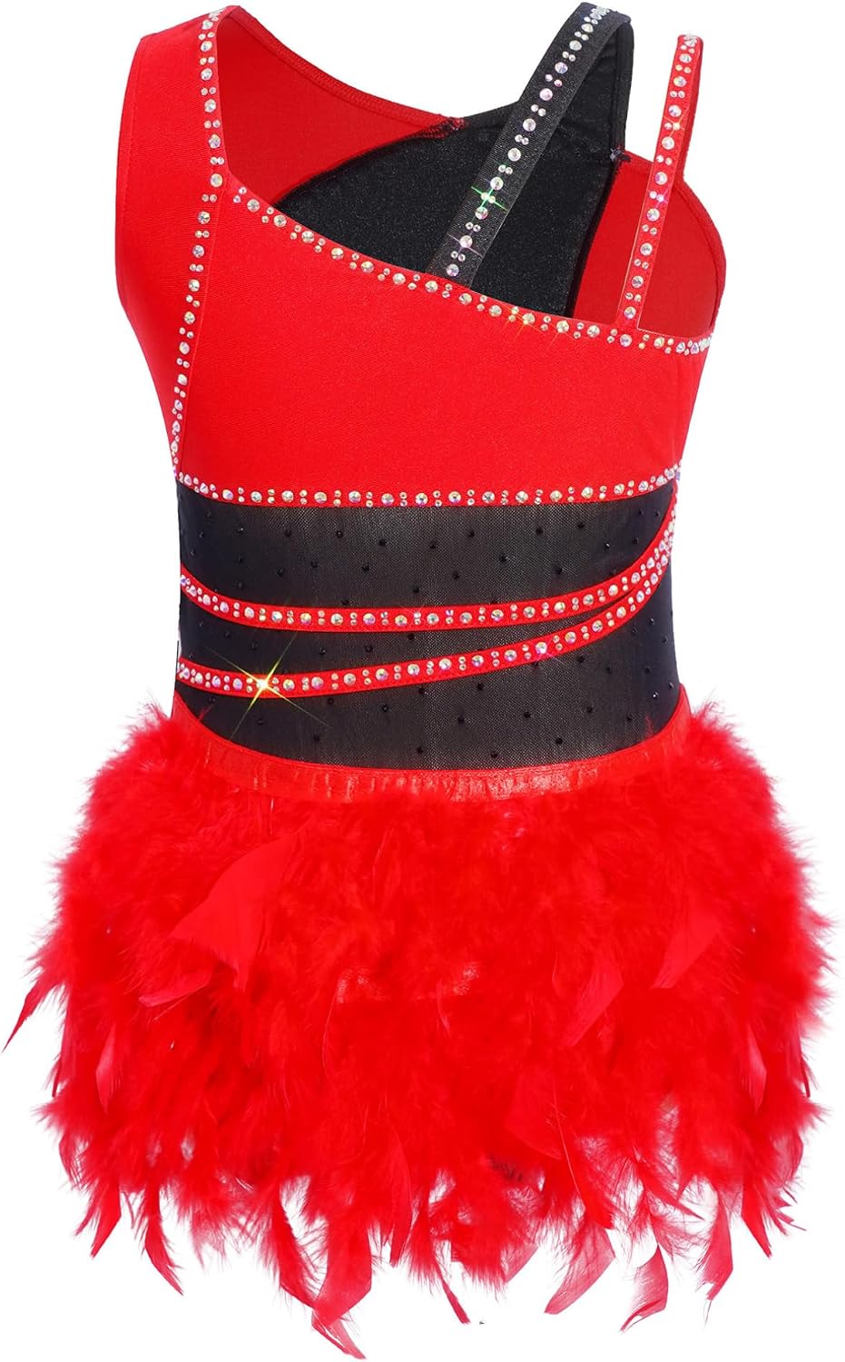 FEESHOW Kids Girls Sleeveless Feather Latin Dance Dress Sparkly Rhinestones Jazz Cha Cha Ballroom Dancewear for Performance