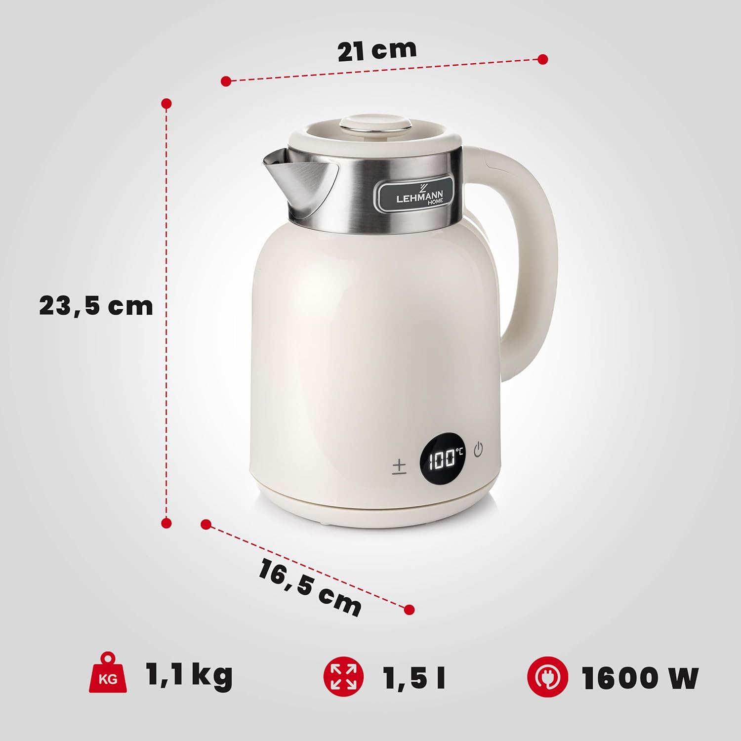 LEHMANN Electric Kettle with dimensions: 21cm width, 23.5cm height, 16.5cm base diameter, 1.1kg weight, 1.5L capacity, 1600W power