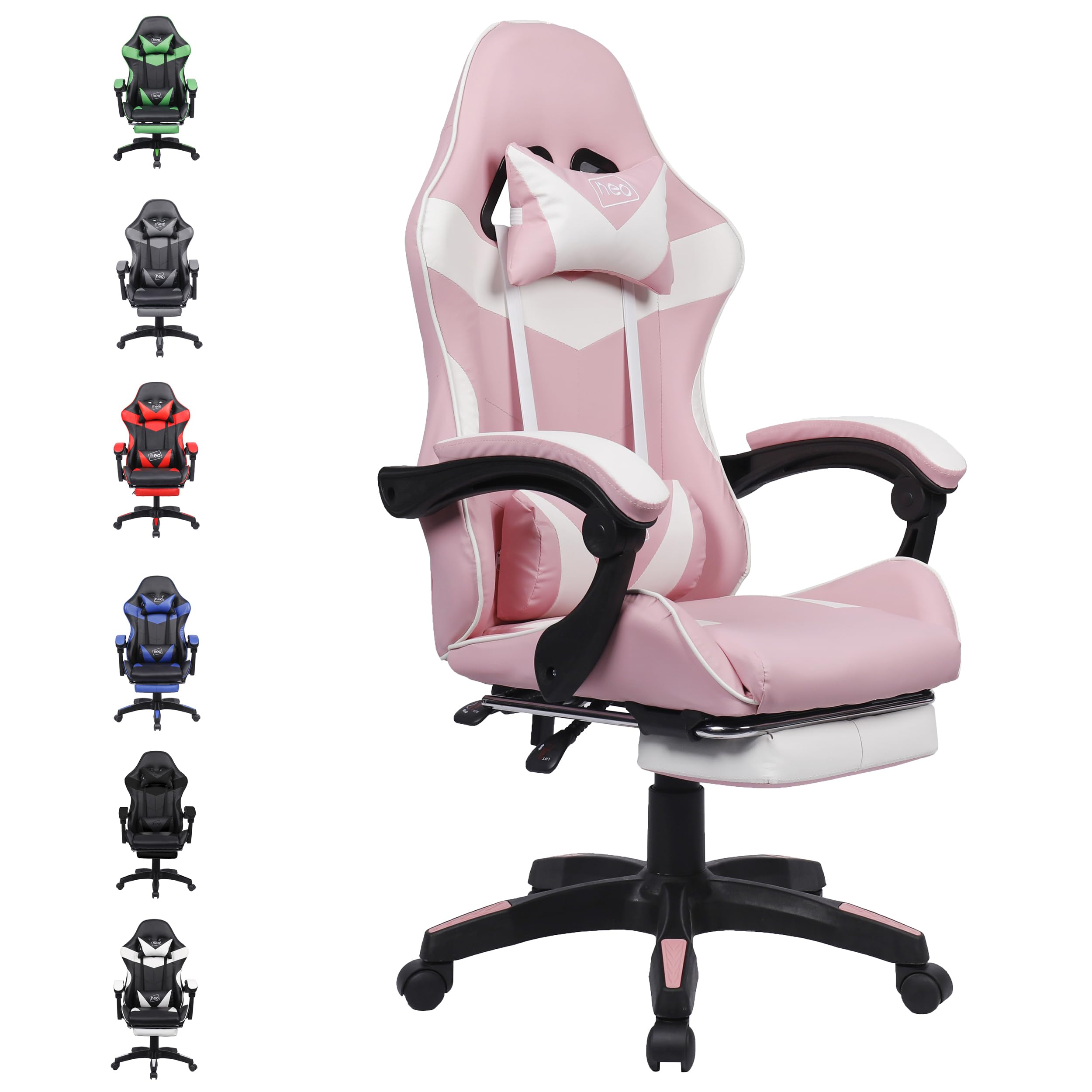 Neo Executive PU Leather Massage Sport Racing Gaming Home Office Computer Chair Lumbar Back Support Footrest (Pink)