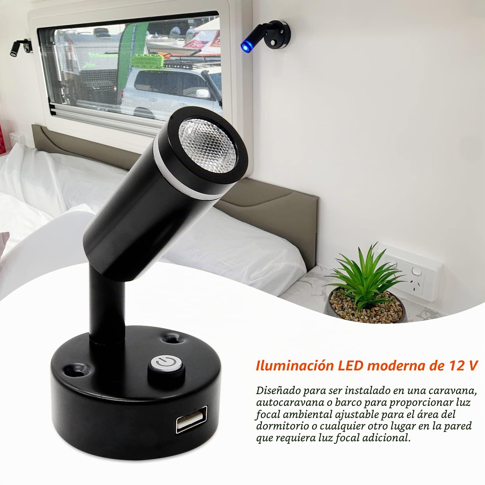 Dream Lighting 2 x Luz LED de Lectura 12v Cama Negro con USB - 2W Blanco Cálido Regulable Luz Azul - Aplique LED 12V con Interruptor para Autocaravana Caravana Barco Camper Furgoneta