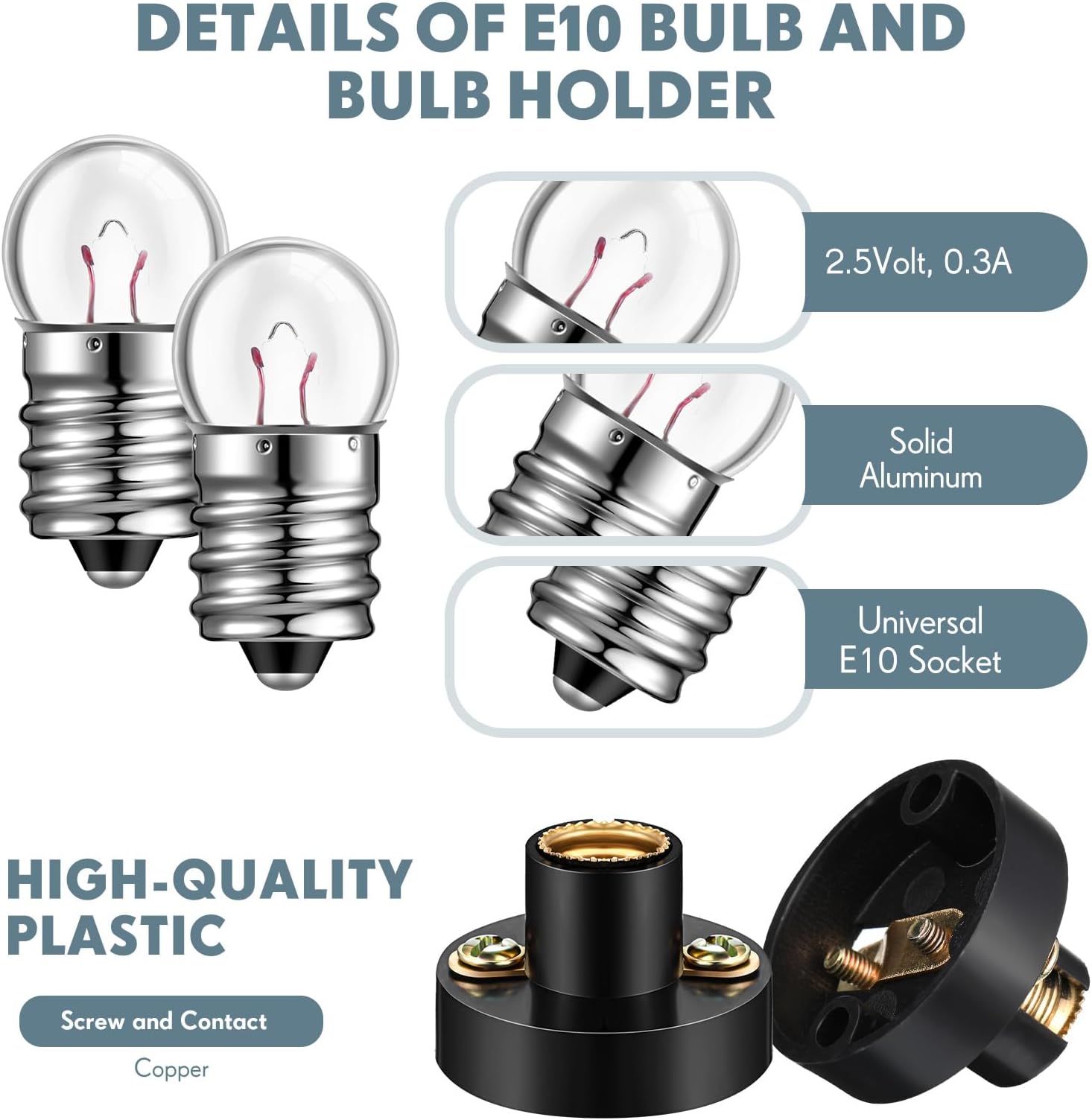 Honoson 60 Pcs E10 Screw Mini Bulbs Warm White Bulb Light and E10 Mini Bulb Holder Screw Type Bulb Socket Black Plastic Bulb Holder for Student Experiment Lighting DIY Accessories (2.5V, 0.3A)