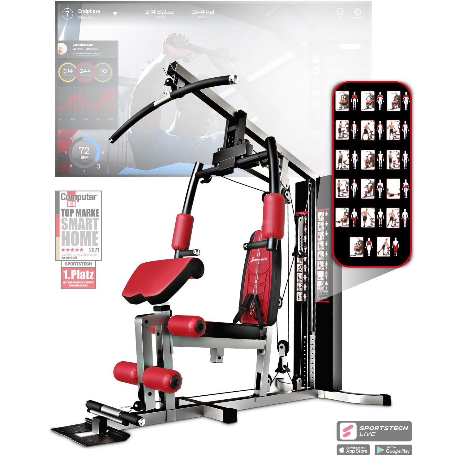 Kraftstation HGX100/HGX300, bis zu 80kg, Deutsche Qualitätsmarke, Bodybuilding Sportstech Multifunktions-Homegym mit Stepper und Powertower oder Beinpresse, Fitnessstation für...