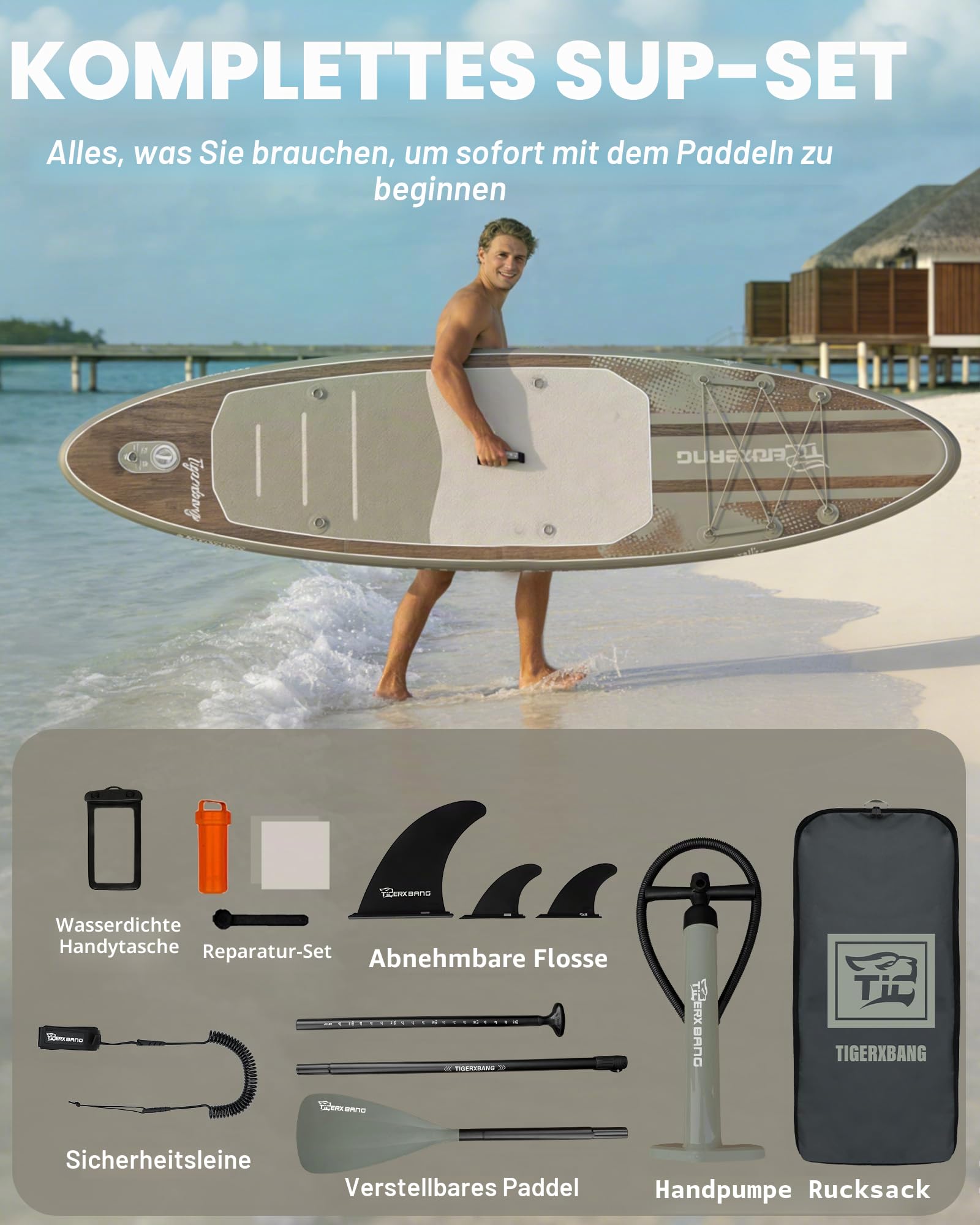 TIGERXBANG Aufblasbares Paddle Board, Stand Up Paddling Board für Erwachsene/Kinder, Komplettes ISUP-Surf-Set, Rosa/Grün
