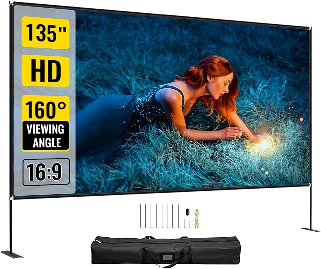VEVOR Outdoor Movie Screen, 135" Portable Movie Screen, 16:9 HD Wide Angle Outdoor Projector Screen, Easy Assembly Portable Projector Screen w/Storage Bag & Stand, Projector Screen for Outdoor Use
