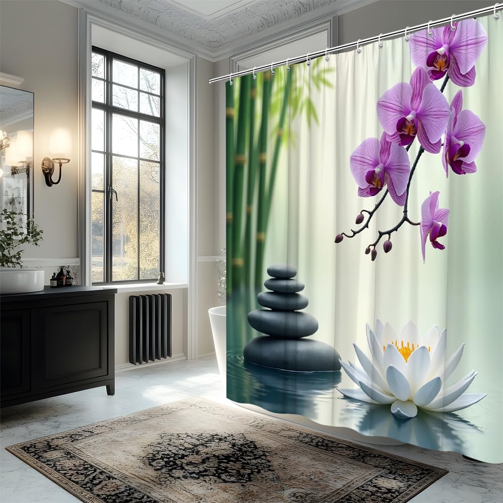 Zen Lotus Flower Shower Curtain Asian Garden Spa Design Orchids and Stones Water Scenery Farmhouse Flower Rustic Landscape Violet Pansy Purple Floral Polyester Fabric Bathroom Decorative Curtain