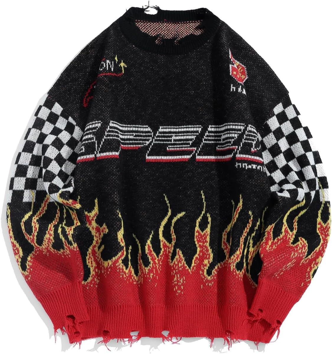 ZAFUL Men's Oversized Sweater Y2K Aesthetic Flame Graphic Crewneck Knit Pullover Unisex Casual Sweaters