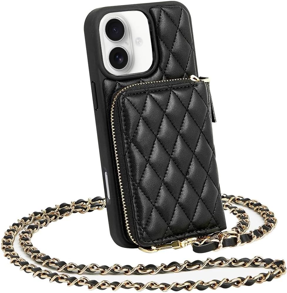 LAMEEKU Compatible with iPhone 16 Wallet Case with Card Holder, Quilted Leather Crossbody Zipper Case for Women for iPhone 16 6.1'' Black