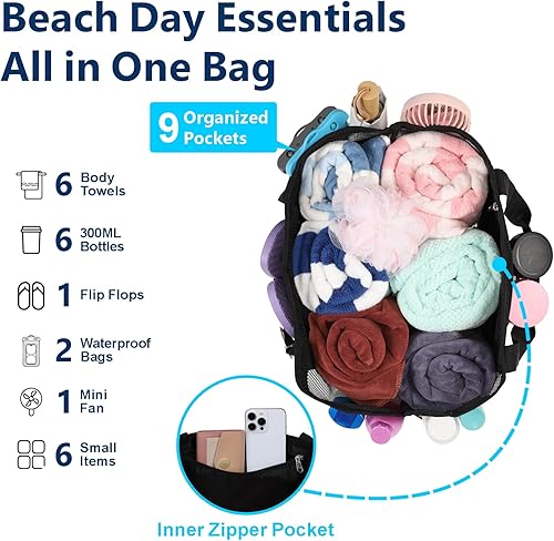 Vista 4 de F-color Mesh Beach Bag Family - Large Tote Bag for Cruise Pool Toys Beach Vacation Essentials