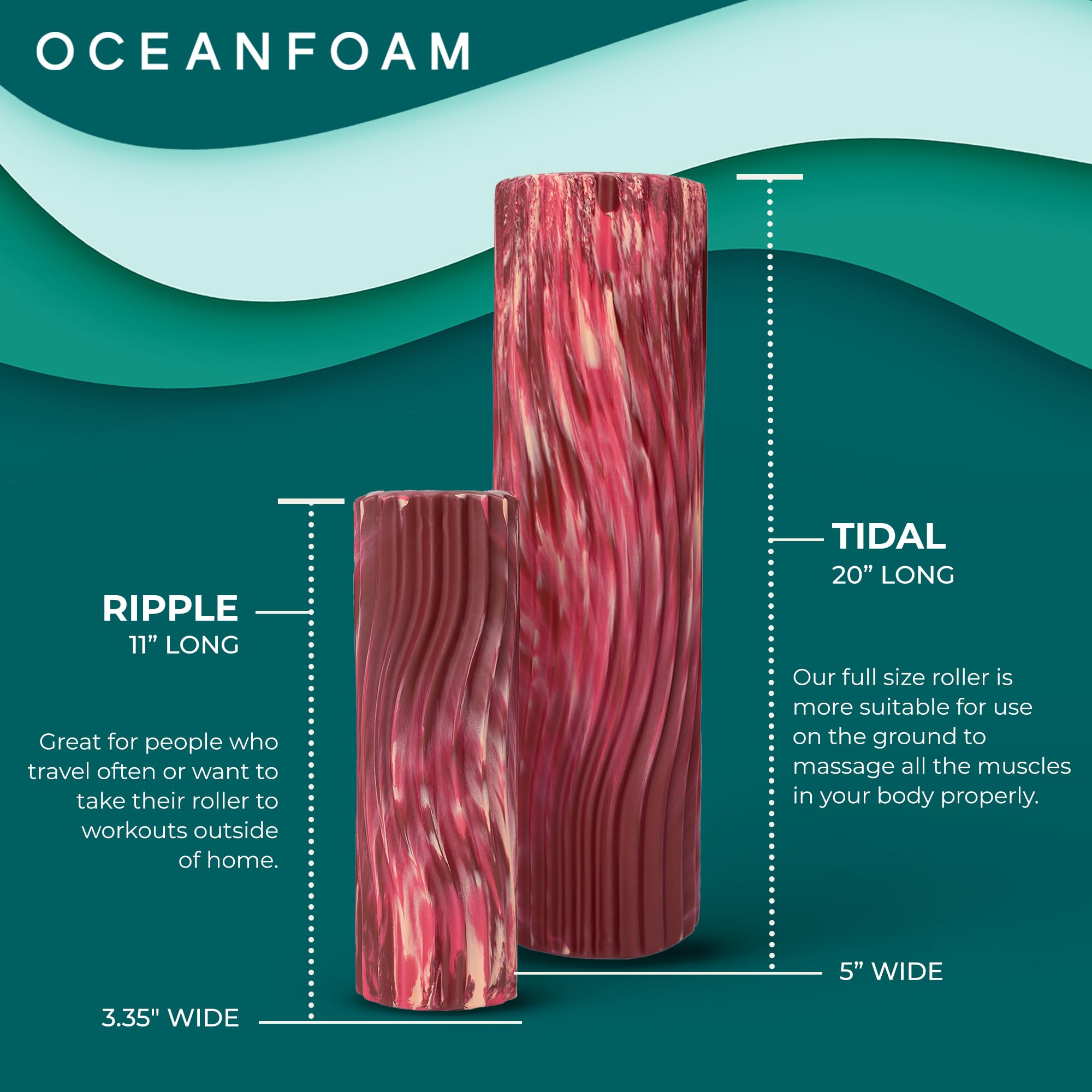 Oceanfoam Tidal Roller – Maroon, Blush & Hot Pink Marmorizzato – Rullo in schiuma per massaggio muscolare per mal di schiena e stretching, solido ed ergonomico a onde larghe testurizzate, yoga e