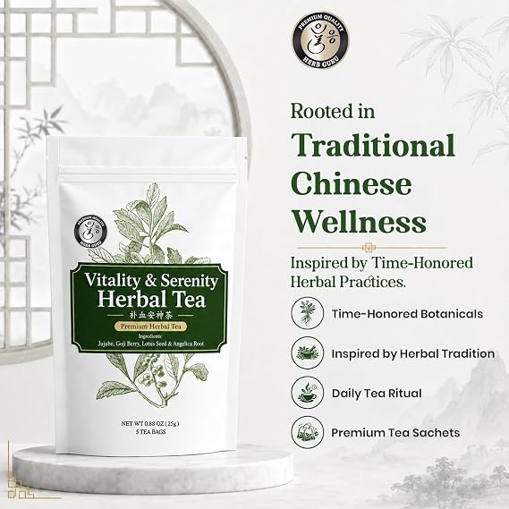 Herb Guru Calm Energy & Daily Balance Traditional Chinese Herbal Tea for Modern Wellness, Caffeine Free Tea with Jujube, Goji Berries, Lotus Seed & Angelica Root, Vitality & Serenity, 5 Tea Bags