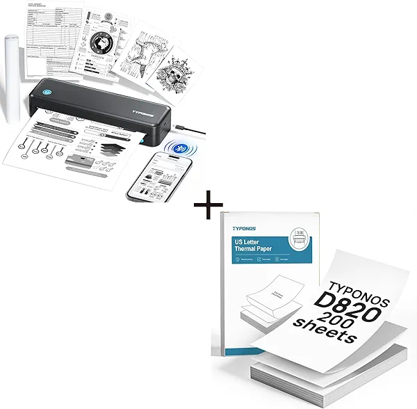 Portable Printer, D820 Thermal Printer, Bluetooth Printers for Home Use, Compatible Folding US Letter Thermal Paper 8.5 x 11, 200 Sheets