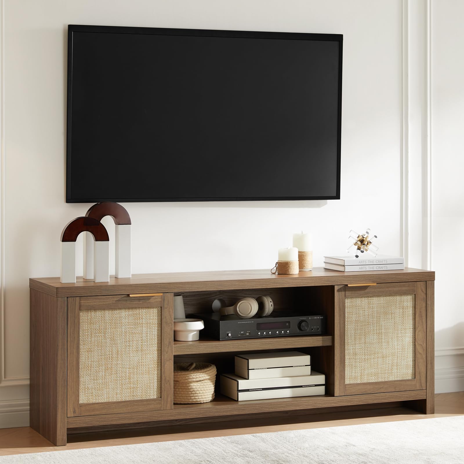 OAKHAM HOME Hampstead TV Stand for Living Room, Modern Entertainment Center for 65 inch TV, 2 Rattan Doors Cabinet Media Console, TV Console Table