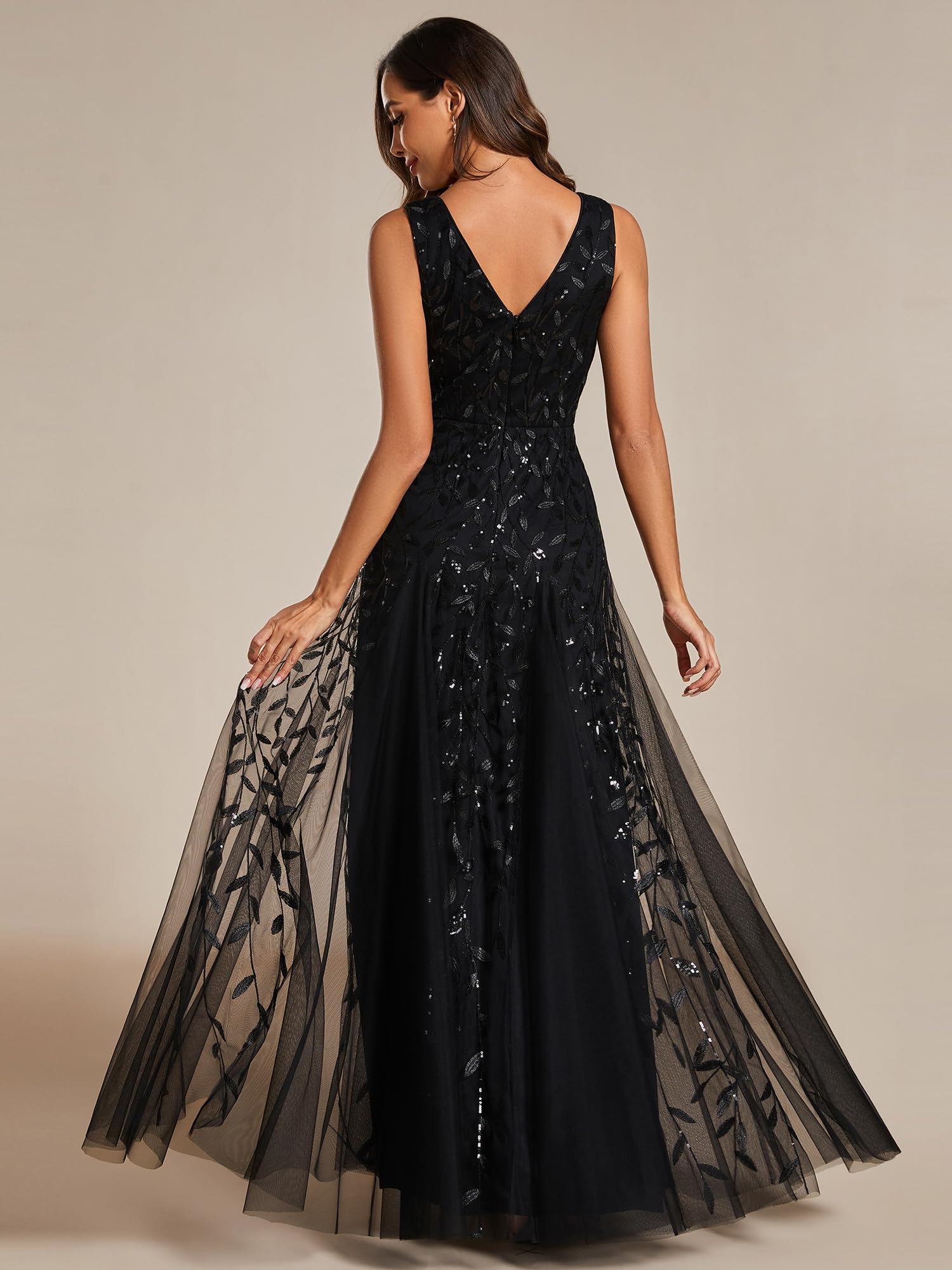 Ever-Pretty Vestido de Noche para Mujer Cuello en V Lentejuelas Invitadas de Boda Largo Sin Mangas Cintura Imperio Formal Fiesta EE02130