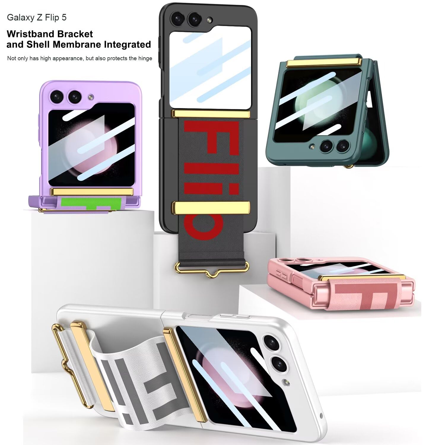 Jeelar ESONG Handyhülle für Samsung Galaxy Z Flip7 mit Leder-Armbandhalter,Ultradünne Handschlaufe Hart Schutzhülle mit Ständer,PC Kratzfest Stoßfest Case mit Displayschutzfolie/Scharnierschutz-Lila