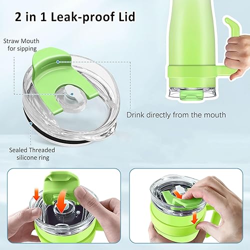 Miniatura 4 de Vaso con tapa y popote, vaso de 40 onzas con asa verde, vaso 100% a prueba de fugas con tapa 2 en 1, vaso aislado de acero inoxidable mantiene las