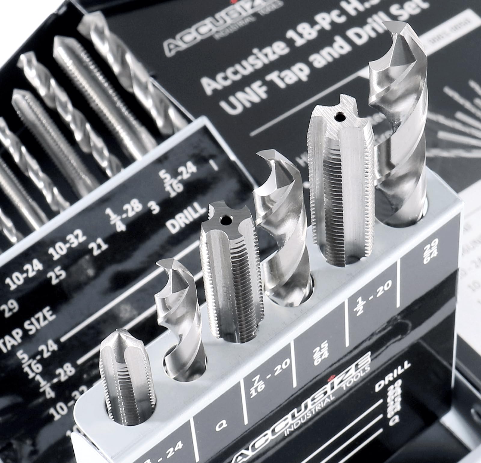 accusize – 18 pcs/Set h.s.s. Tap & Drill Set, UNF en caja de metal, 0001 – 0050
