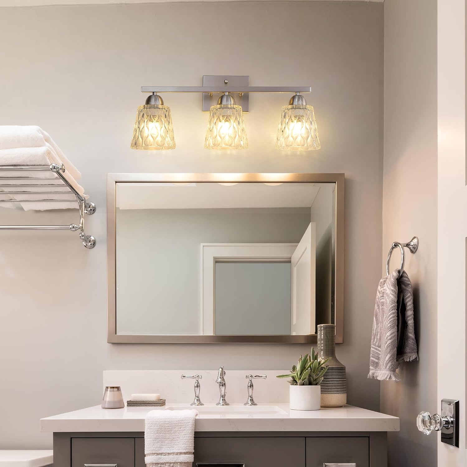 Stainless Steel Bathroom Vanity Light Over Mirror, 3 Light Brushed Nickel Bathroom Light Fixtures with Textured Glass Shades, Modern Vanity Lighting Wall Mount