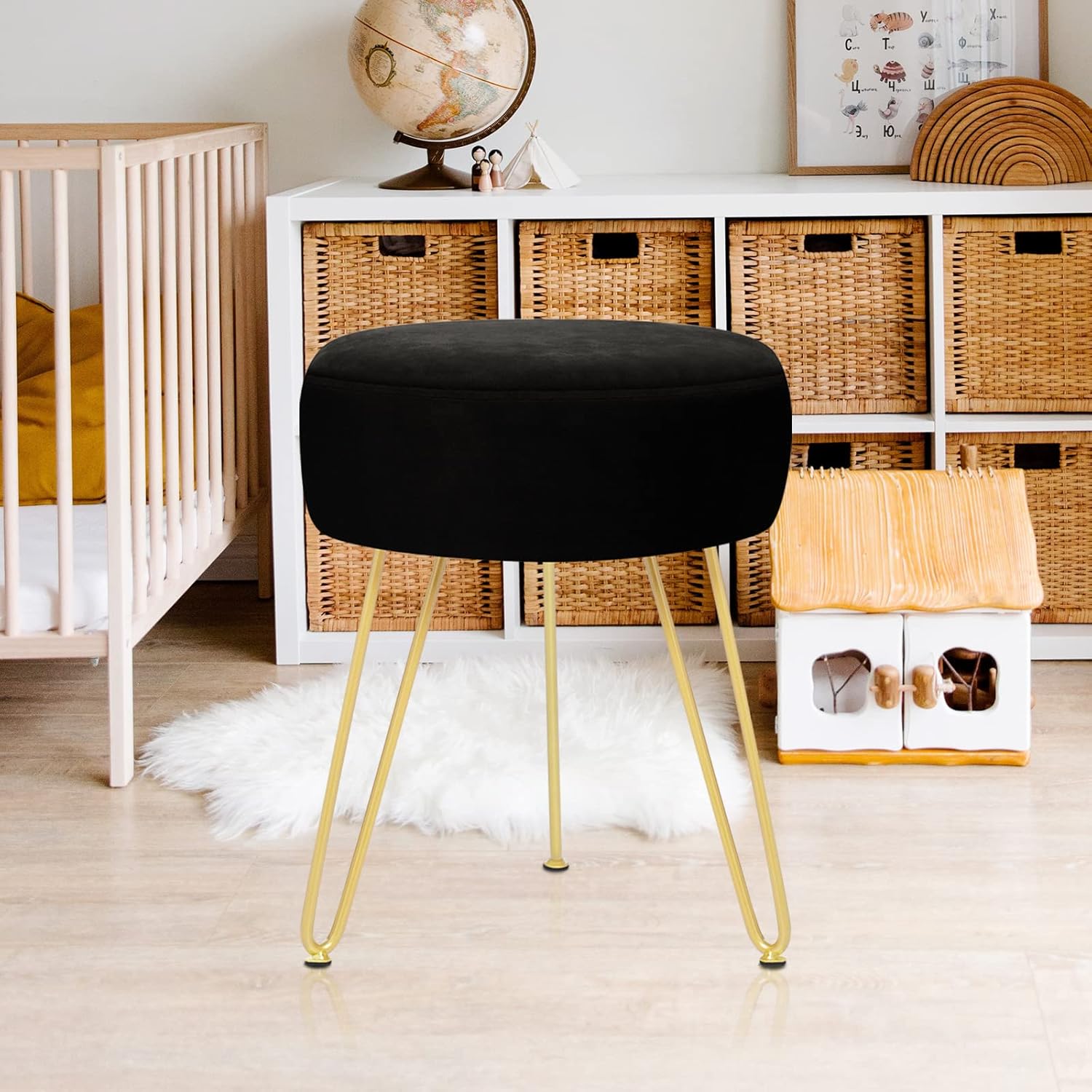 Velvet Soft Modern Vanity Footstool -Round Footrest Stool Ottoman Side Table Seat Dressing with Golden Metal Leg and Sponge Filling,Upholstered Foot Rest, for Living Room and Bedroom Black