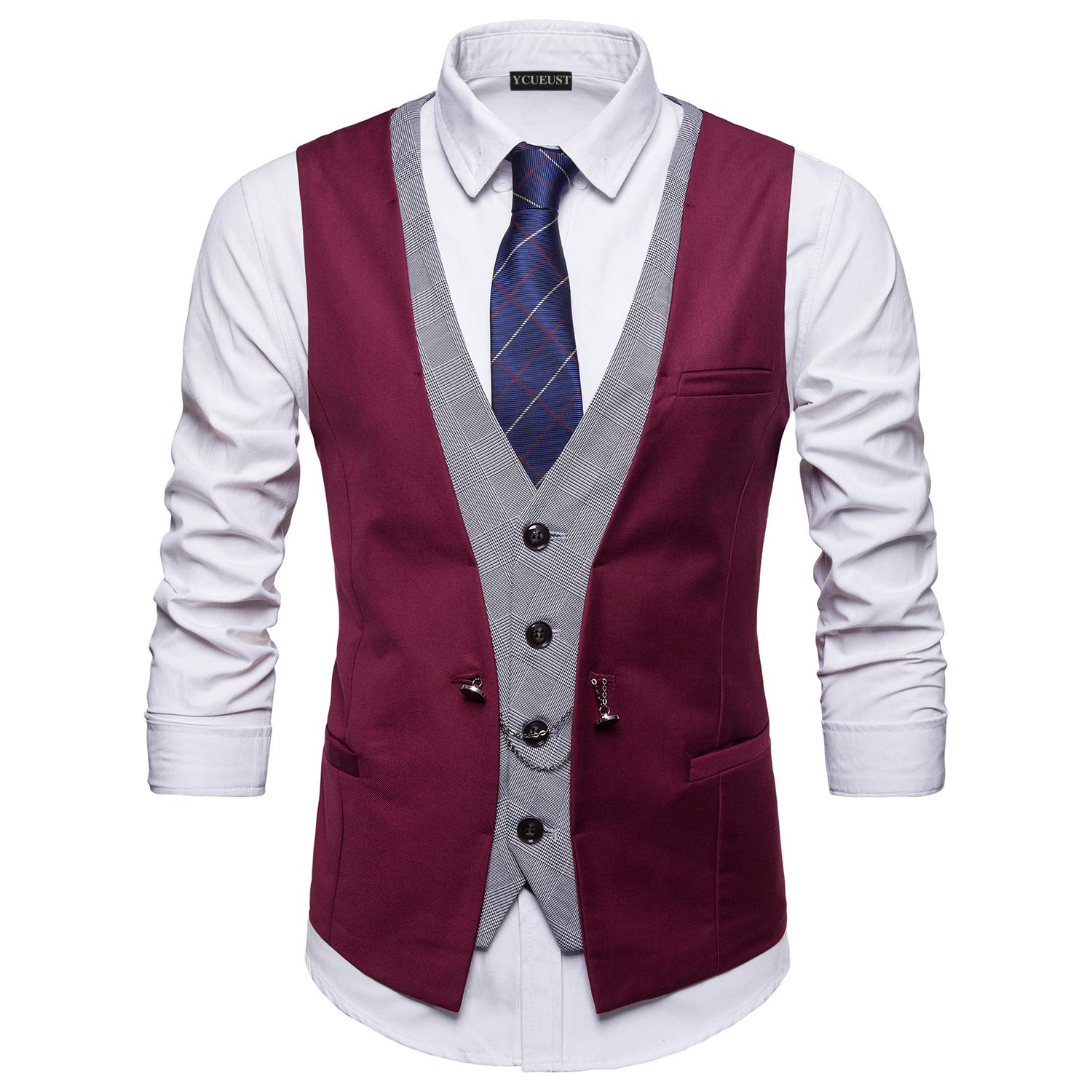 Męska kamizelka garniturowa Slim Fit Business Wedding w kratkę kamizelka garniturowa, czerwony, M