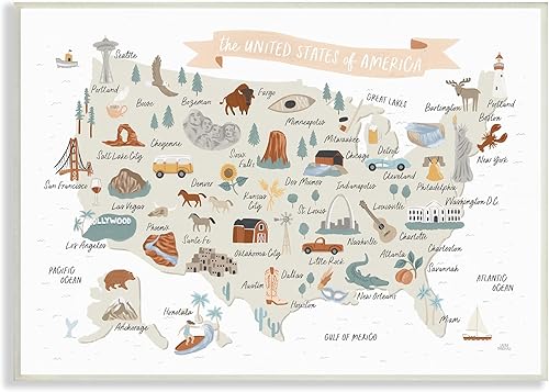 Stupell Industries Placa de pared de 15 x 10 pulgadas, diseño de mapa ilustrado de Estados Unidos, color marrón suave, diseño de Laura Marshall,