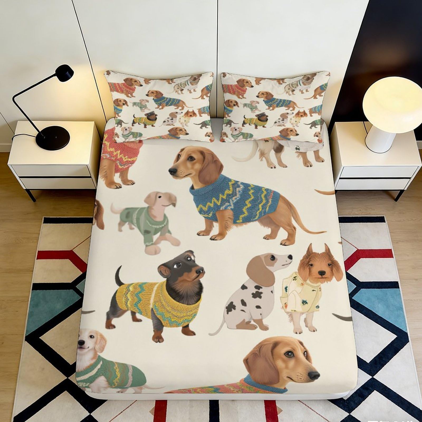 3D Printed Dachshund Pattern Fitted Sheet Microfiber Soft Breathable Dog Sweater Mattress Cover for Bedroom Dormitory Guest Room Protection Decor 120x200x25cm