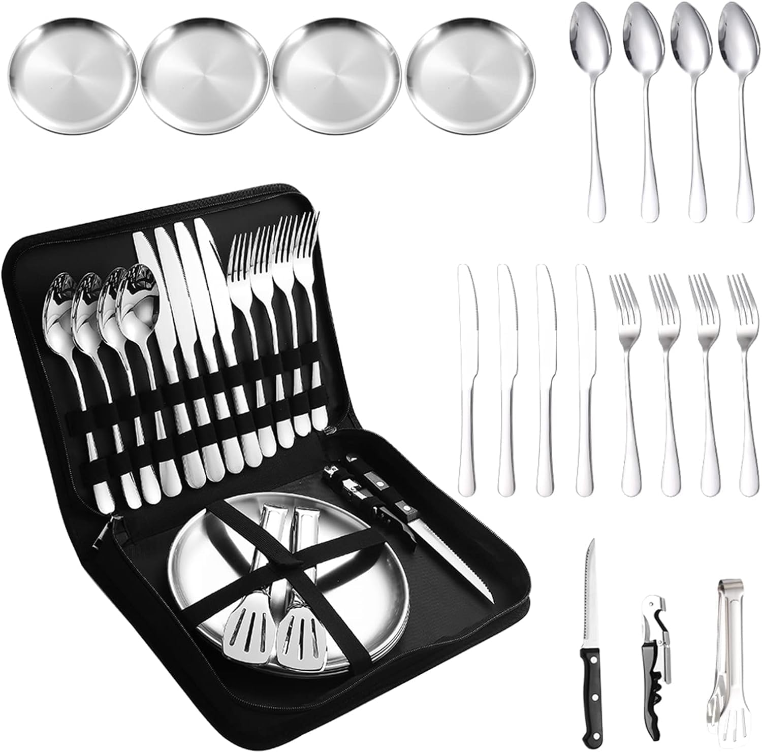DROZIP Camping Crockery Set, Silver, 20-Piece Camping Cutlery Set for 4 People, Portable Stainless Steel Picnic Tableware Set with Case, Ideal for Camping, Travel, Hiking and Picnics Outdoor (B0D3DS4843) Amazon Price History, Amazon Price Tracker