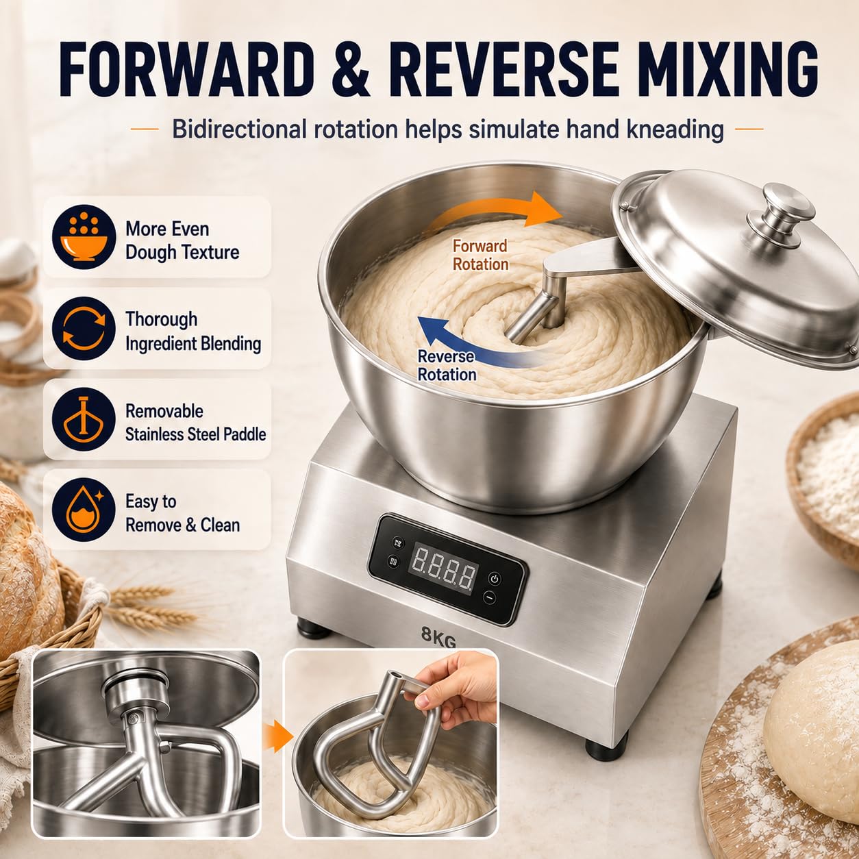 Impastatrice a Spirale 8 kg 1800W Pizza Pane Panetteria 5KG