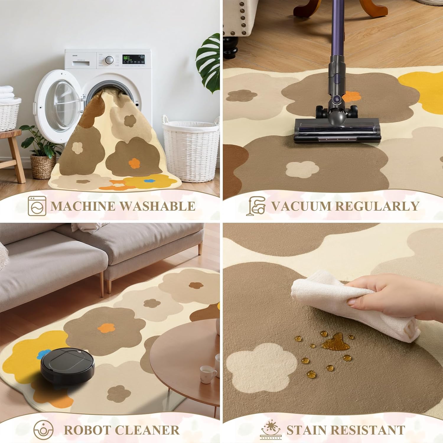 Irregular Floral Scalloped Area Rug, Small Shaped Indoor Mat Cute Bedside Floor Carpet Non Slip Washable Rugs for Girls Bedroom Living Room Dorm Bathroom (Beige&Brown, 4'x4')