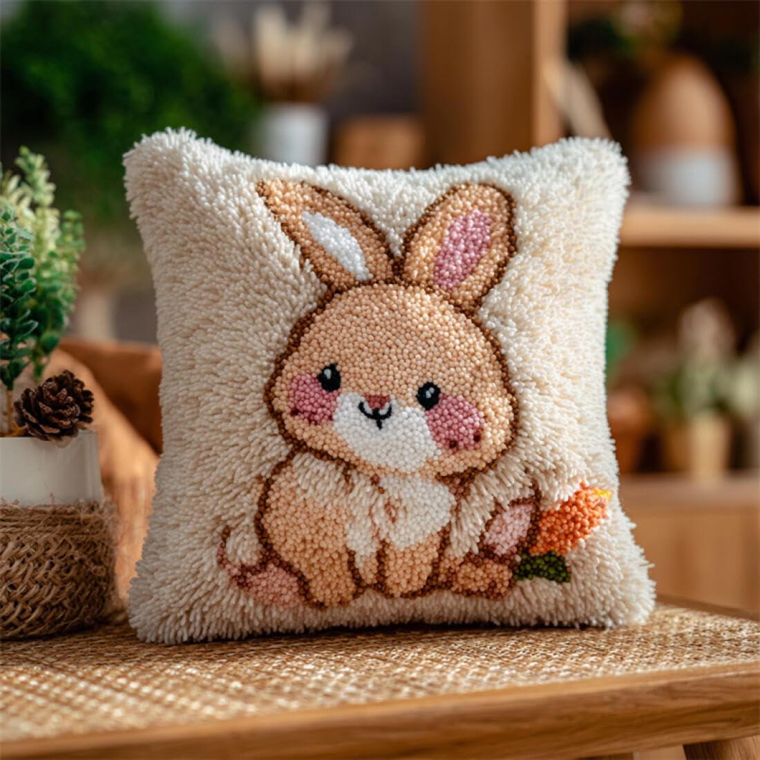 Kitquiver Animal Latch Hook Pillow Kit Cartoon Rabbit Latch Hook Kit for Adults Beginners Embroidery Crochet Set DIY Throw Pillow Covers Kits 17x17In