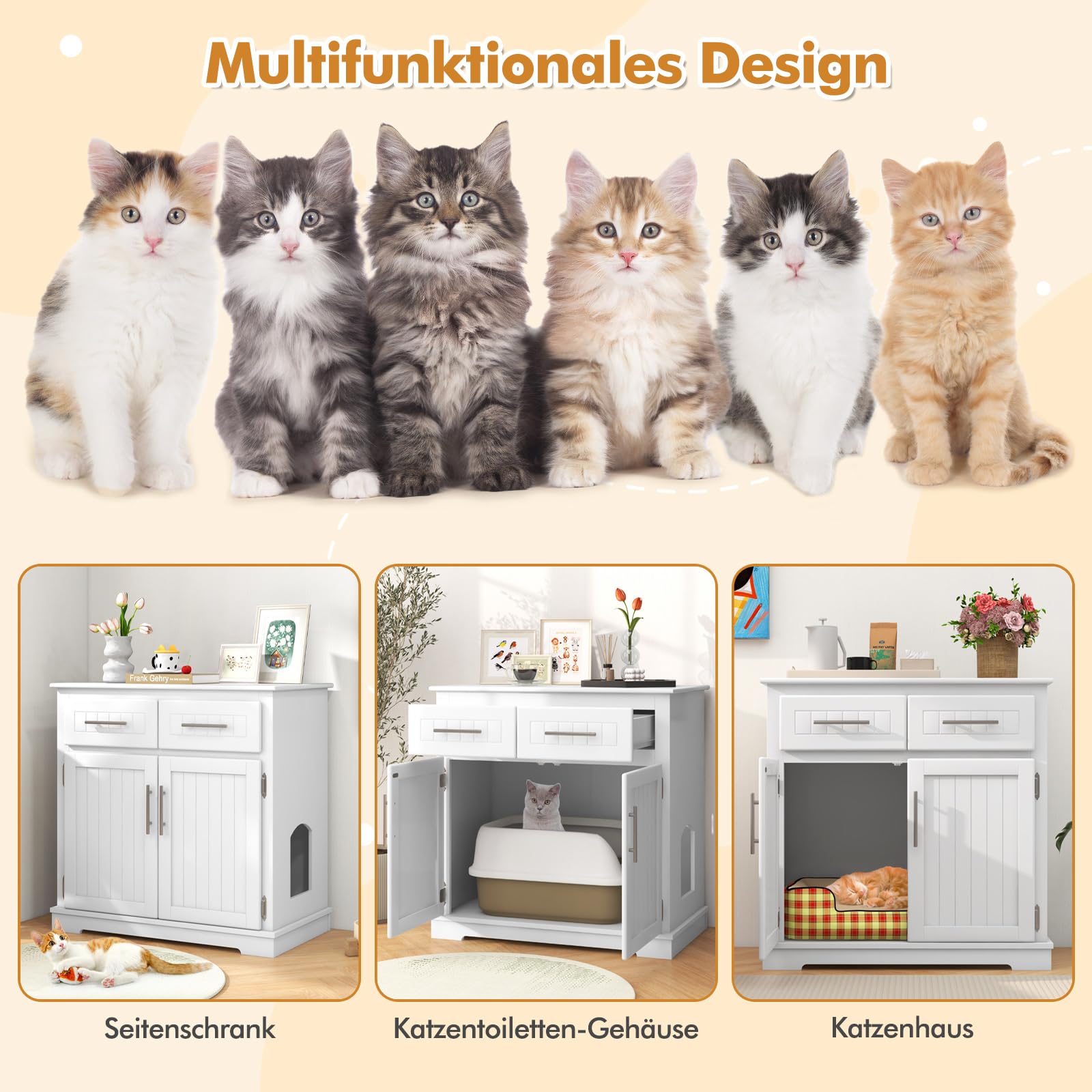 GYMAX Katzenschrank, Katzenklo Schrank 80 x 45 x 80 cm, Katzenhaus mit 2 Türen & 2 Schubladen, Katzenhöhle mit Anti-Kipp-Vorrichtung für Eingangsbereich & Wohnzimmer, Weiß