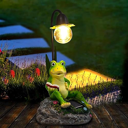 Estatuas de jardín para decoración al aire libre, esculturas de rana de resina y estatuas con bombilla Edison impermeable, figuras solares para