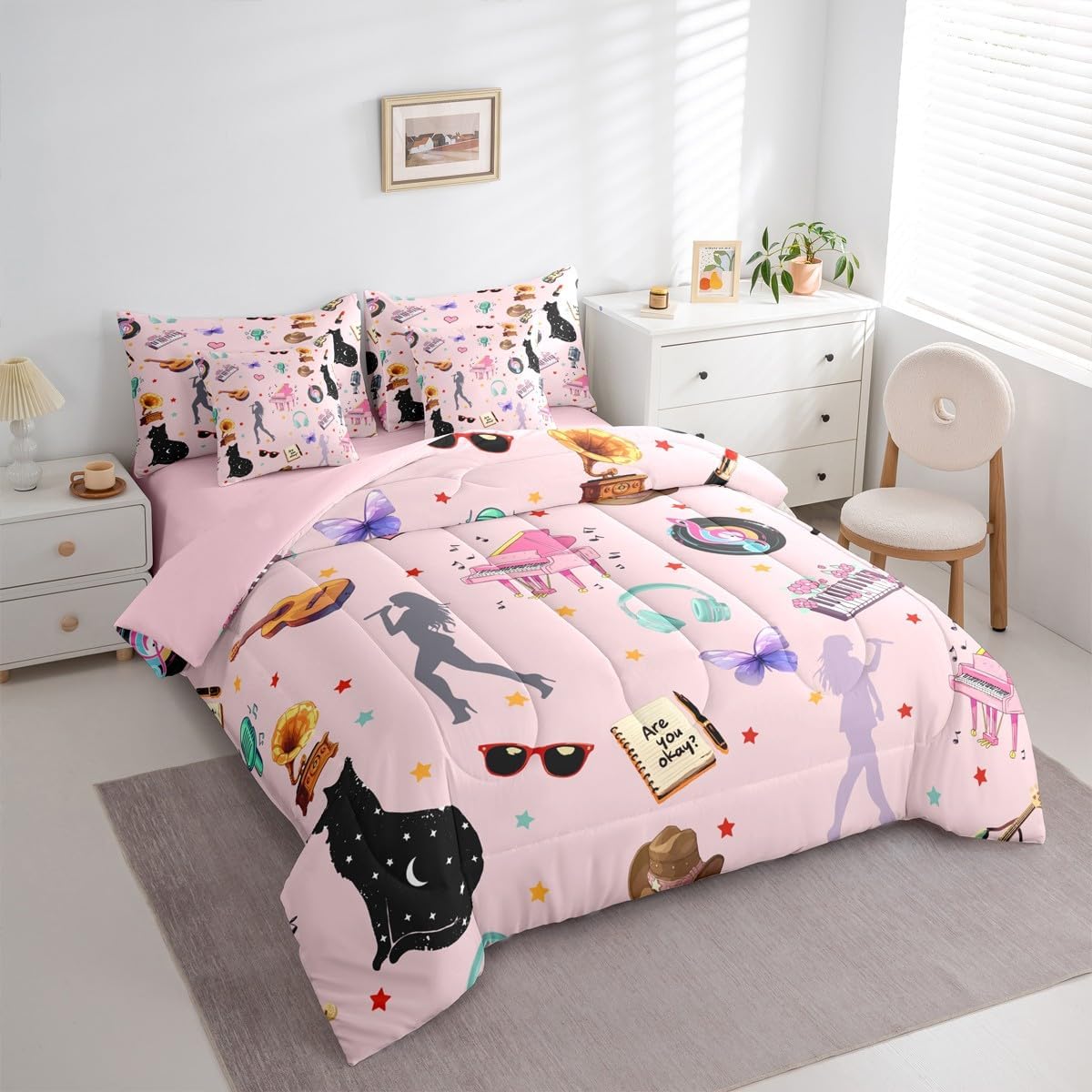Erosebridal 7Pcs White Pink Bedding Sets Queen Fashion Music Themed Comforter Set Disco Ball Piano Bed in A Bag for Women Girls Butterfly Cat Animals Quilt with Flat Fitted Sheet Modern Style Decor