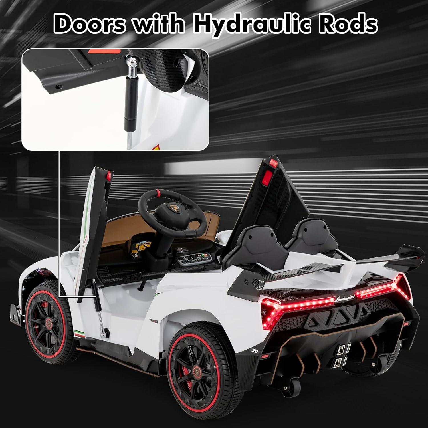 INFANS 2 Seater Kids Ride on Car, 12V 4WD Licensed Lamborghini Veneno Powered Electric Vehicle with Hydraulic Doors, Rocking Mode, Adjustable Speeds, Remote Control, MP3, Headlight (White)
