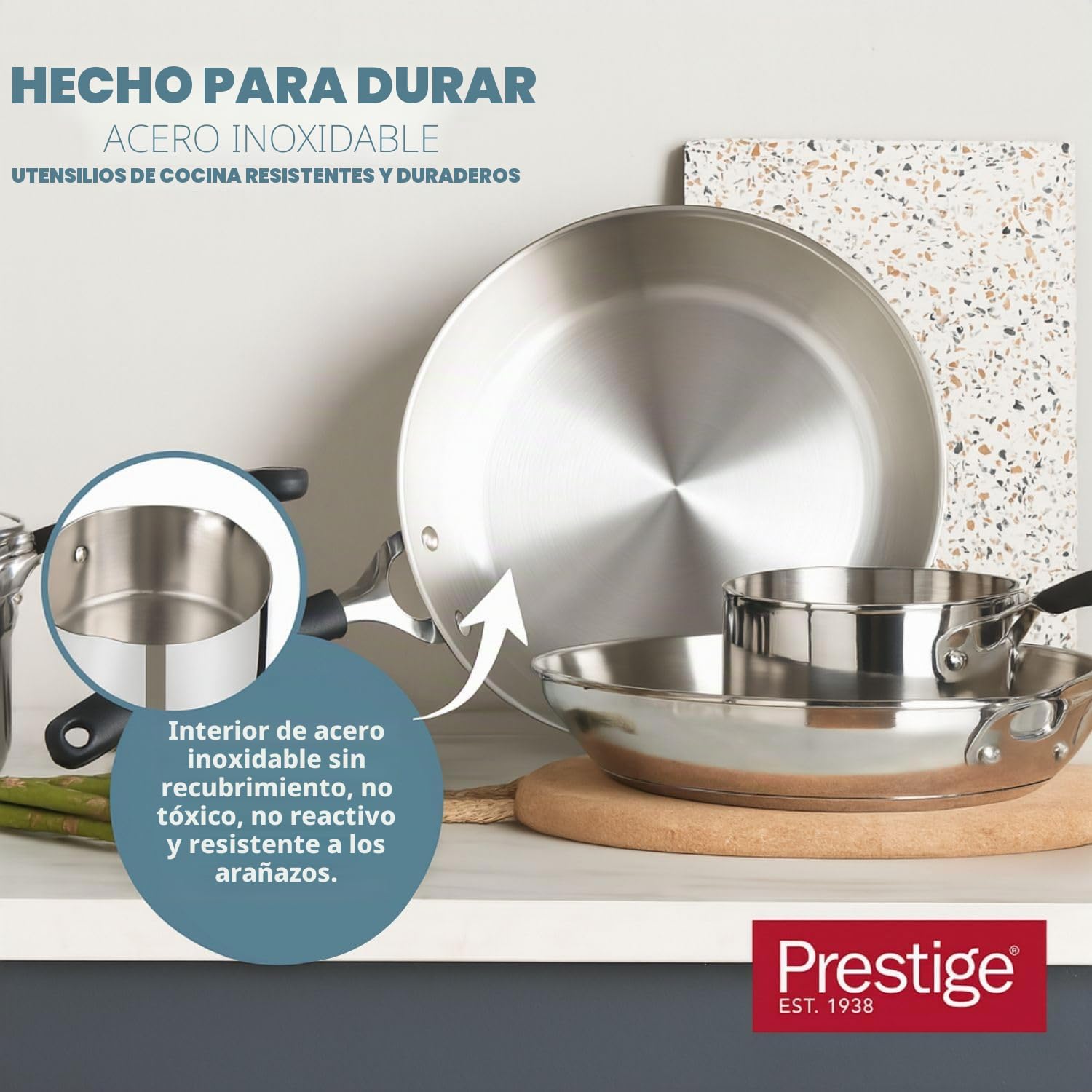 Prestige Juego de sartenes de acero inoxidable sin revestimiento hechas para durar, 21 cm, 25 cm, 29 cm, no tóxicas, compatibles con inducción, aptas para lavavajillas y horno