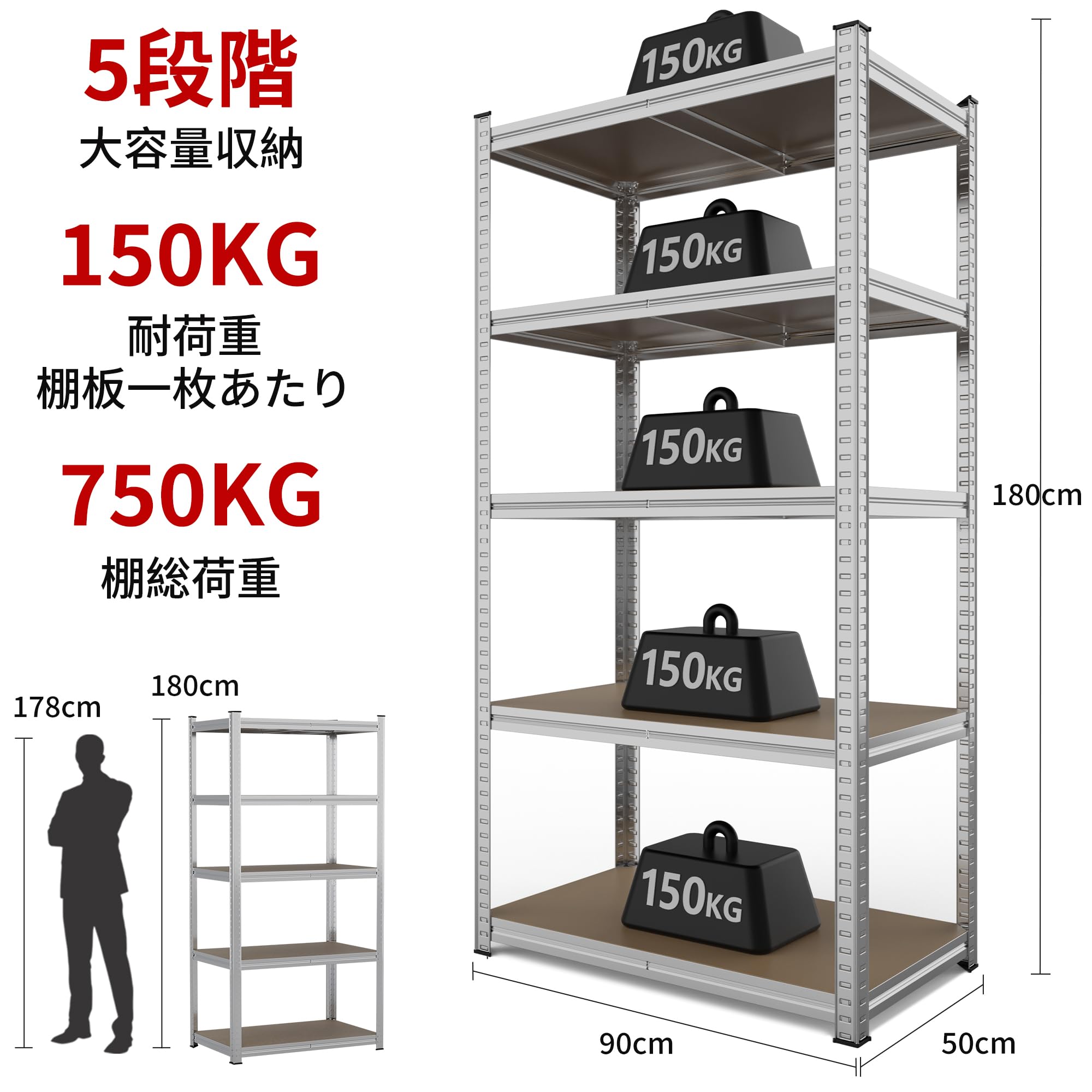 Amazon｜Alebert｢アレベルト｣ スチールラック 5段 幅90*奥行50*高さ