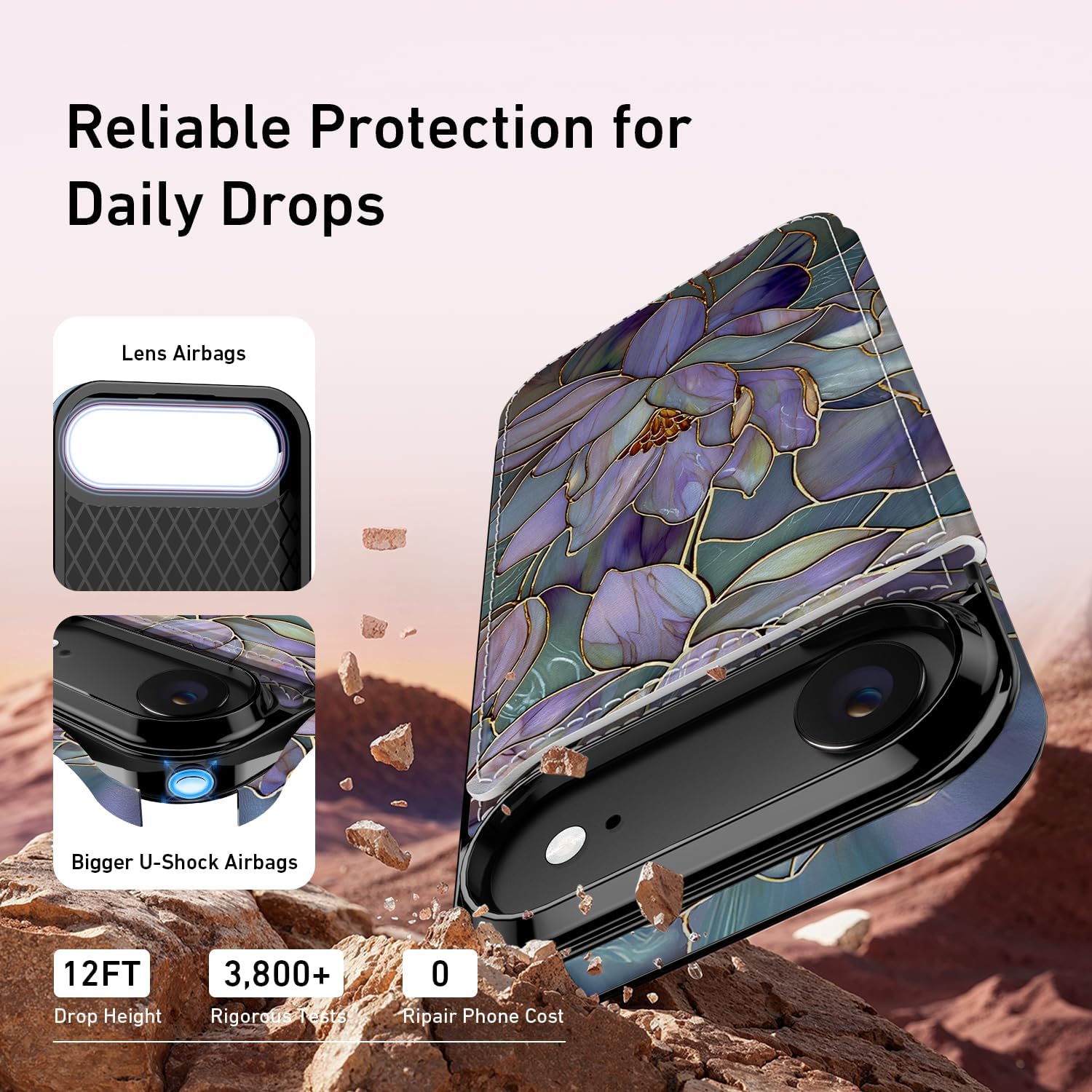 FUNMIKO for iPhone 17 Air Wallet Case with Card Holder, RFID-Blocking, Military-Grade Protection & UV-Printed Artwork, Magnetic Closure with Leather Kickstand - Dreamy Lotus - Image 5