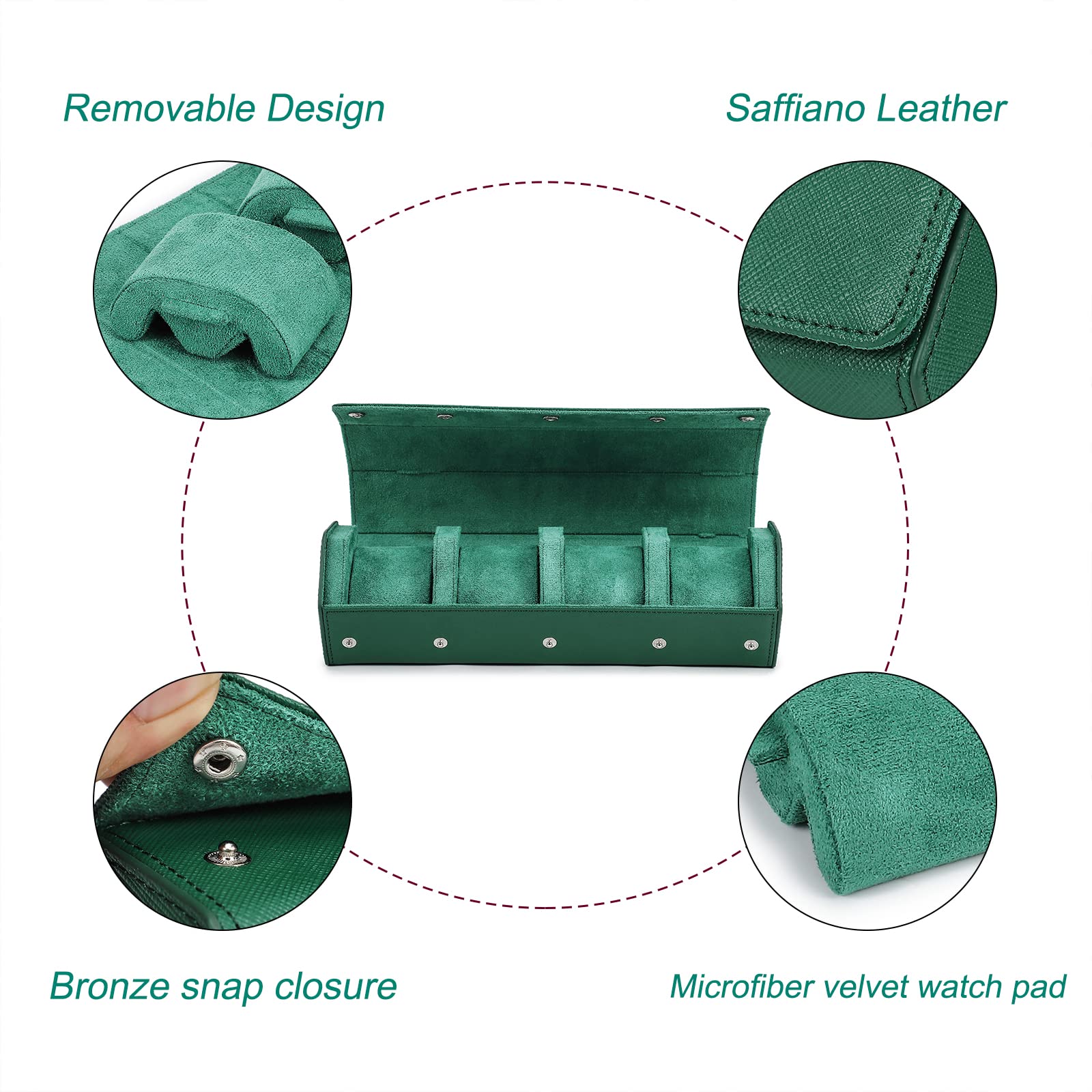 Hiram Estuche enrollable para relojes hexagonales, en auténtica piel, para 4 relojes, estuche de viaje para relojes, organizador protector para relojes de pulsera