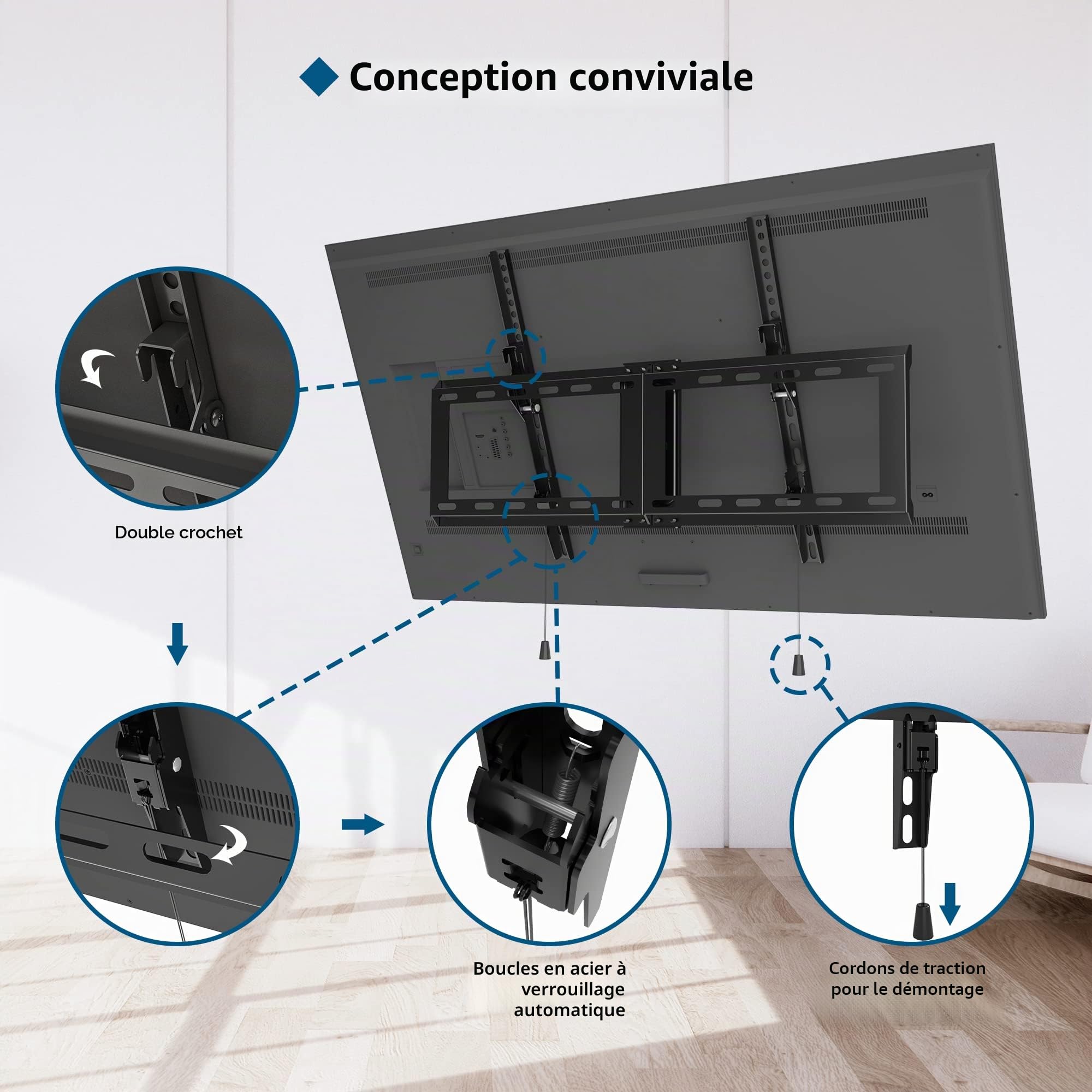 BONTEC Support Mural TV Inclinable pour Téléviseurs LCD, LED, Plasma de 37 à 86 Pouces, VESA 600x400mm, Charge 75 kg, Support TV Mural Fixe avec Niveau à Bulle, Compatible Samsung, TCL
