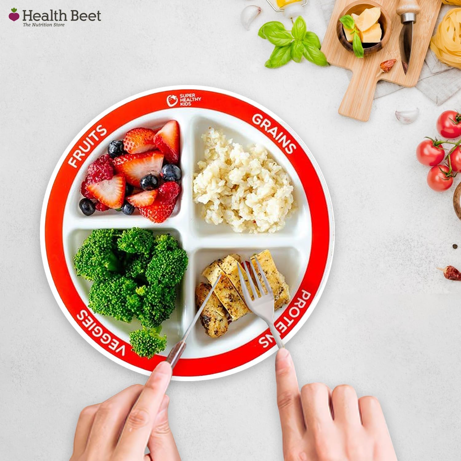 Health Beet MyPlate Portion Control Plate – 4 Divided Sections for Fruit Grains Veggies Proteins - Dishwasher & Microwave Safe Sectioned Plates for Health Education (Set of 48)
