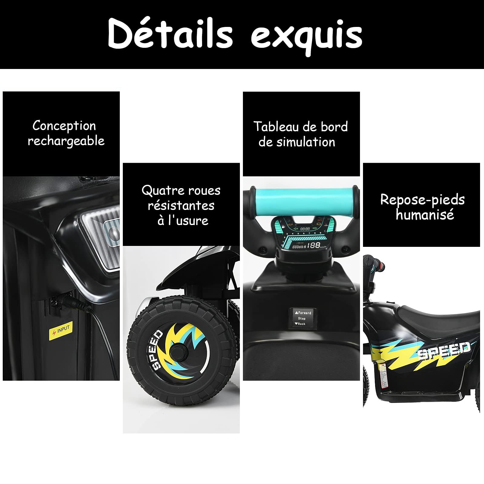 COSTWAY Quad avec Batterie 6V pour Enfant, Quad Électrique avec Marche Avant/Arrière, Fonctionnement Sécurisé et Vitesse Max de 4,5 km/h, Cadeau pour Garçons et Filles, Bleu/Noir/Blanc/Rouge (Noir)