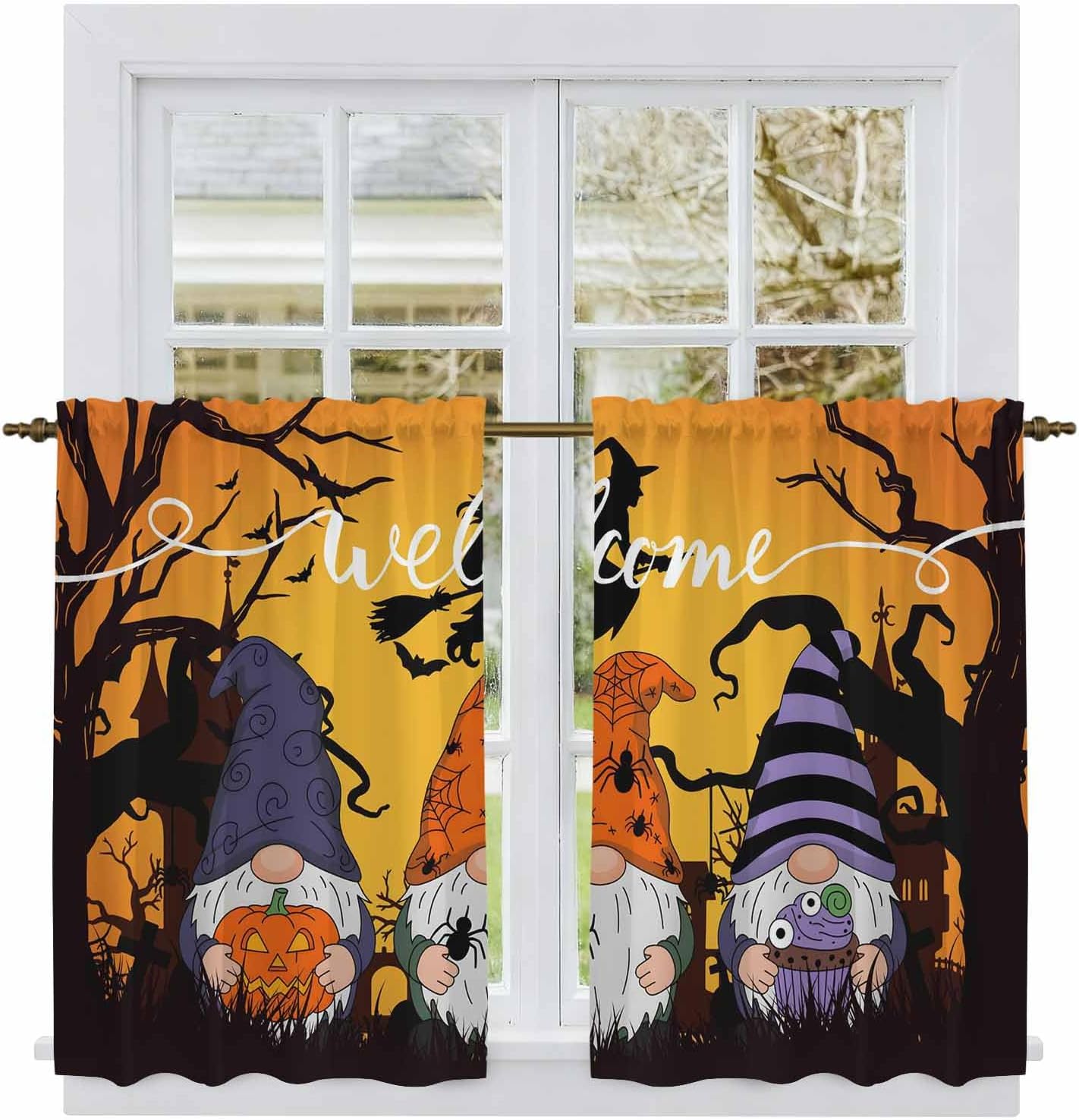 Orange Halloween Kitchen Curtains 45 Inch Long 2 Panel Set, Rod Pocket Window Treatment, Gnomes Scary Pumpkin Bat Black Tree Light Filtering Panels Short Drapes for Bathroom Camper 42"W x 45"L