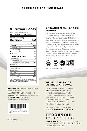 Miniatura 2 de Terrasoul Superfoods Almendras orgánicas crudas sin pasteurizar (grado milk), 6 libras
