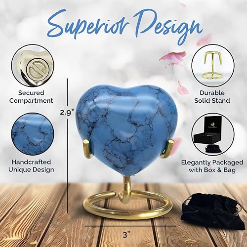 Miniatura 3 de Urna de corazón azul para cenizas  Urna de recuerdo de corazón con soporte y caja premium  Urna pequeña para cenizas humanas  Honra a tu ser querido
