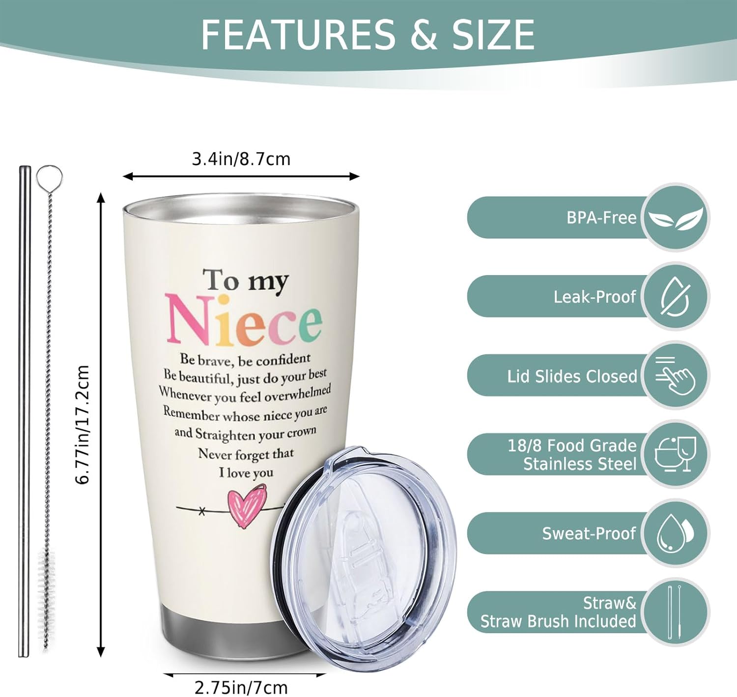 Best Niece Gifts for Women, 20 Oz Insulated Nieces Travel Tumbler, Nieces Birthday Gifts, Travel Mug Gift for Niece Female - Image 5