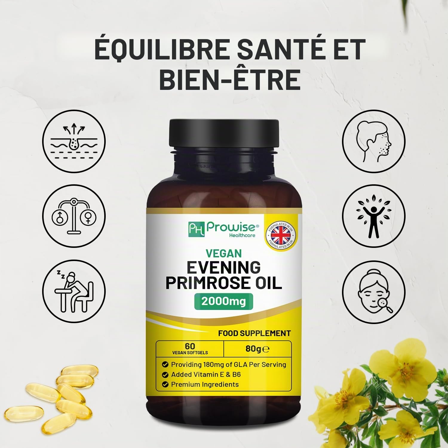 Huile d'onagre végétalienne 2000 mg avec vitamine E et B6 – 60 gélules molles végétaliennes | 180 mg de GLA par capsule I Santé des femmes I Qualité supérieure I par Prowise Healthcare