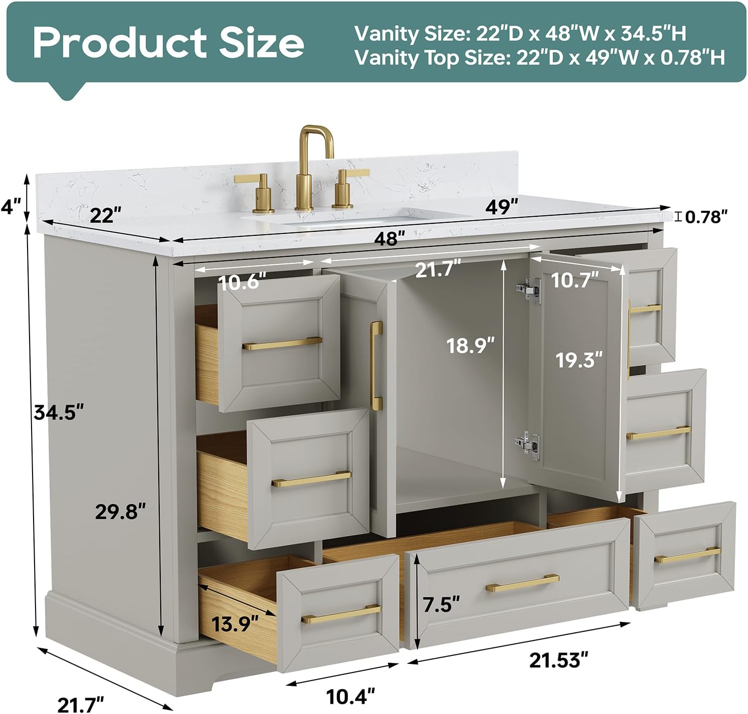 48 Inch Bathroom Vanity with Sink Combo, Solid Wood Frame with Mable Top &Backspalsh, Fully-Assembled with Soft-Closing Doors & 7 Drawers, Greige