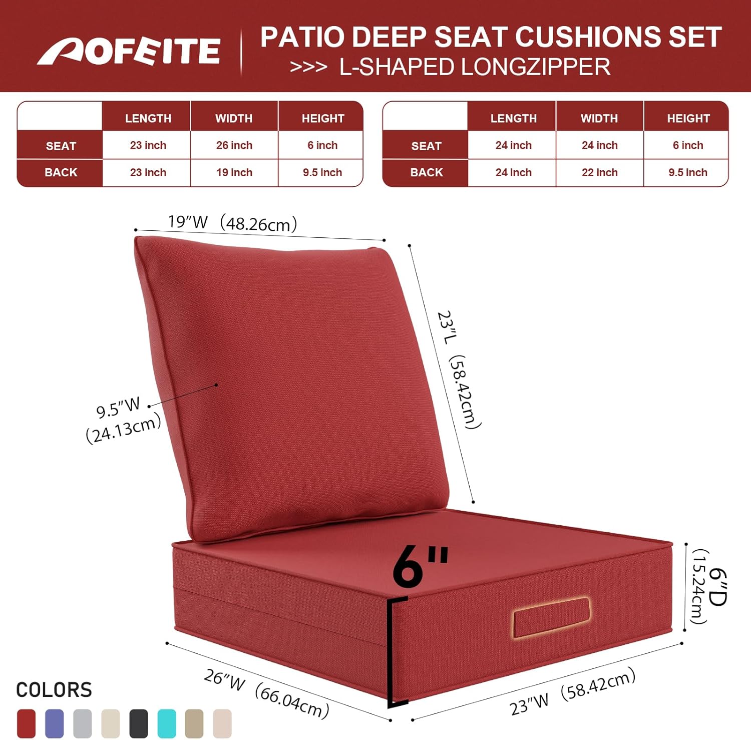 Outdoor Olefin Water-Resistant Deep Seat Cushion Set, 23''x 26''x 6'' Weather and Fade Resistant Patio Furniture Seat Cushion, Thickened Sofa Chair Pad with Straps for Lawn, Garden, Red