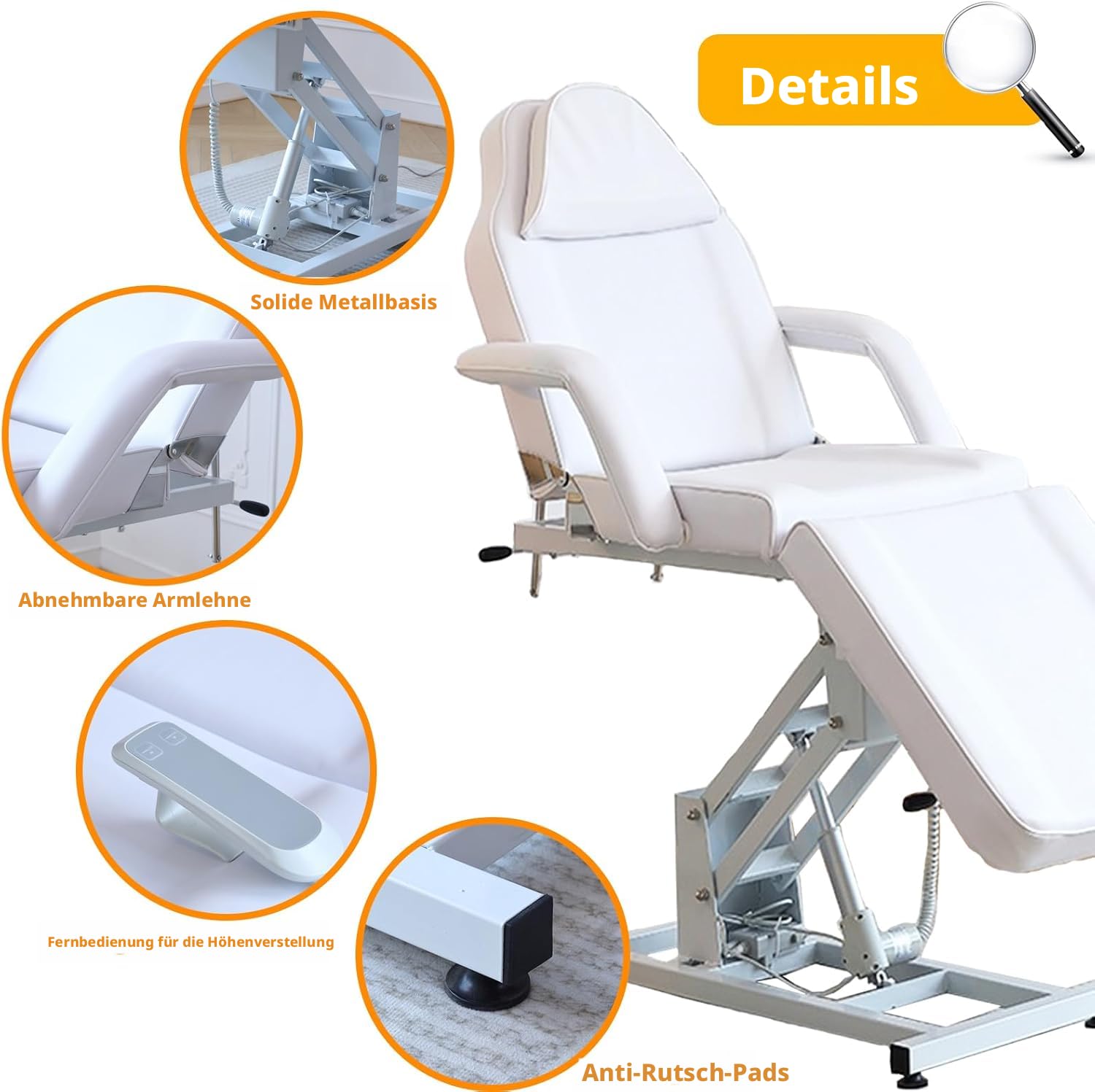 KernGut Elektrischer Massagetisch Schönheitsbett mit Hocker Verstellbares 3-Abschnitts Massagebett Salon Tattoo Gesichts SPA Liegestuhl Elektrische Massage Abnehmbare Armlehnen Kopfstütze (Weiß) - 4