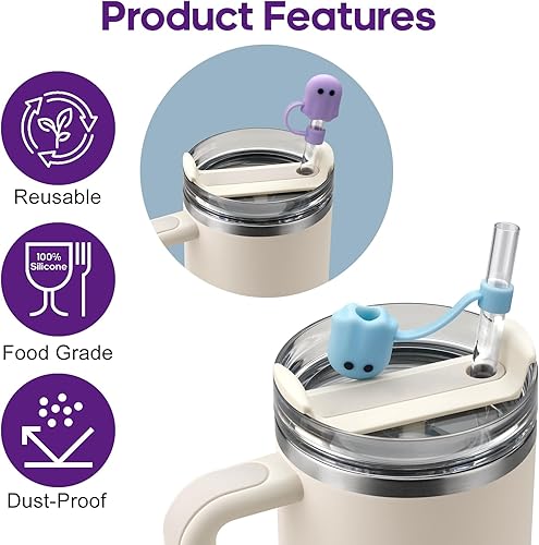 Miniatura 5 de Juego de 4 fundas de popote de silicona de Halloween para copa Stanley, bonito adorno de popote para vaso Stanley de 30 y 40 onzas, reutilizable a