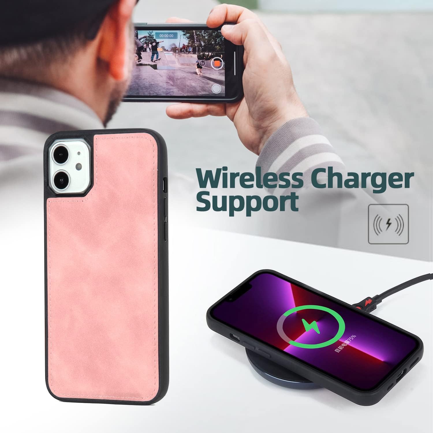 TwoHead for iPhone 11 Wallet case with Card Holder & Detachable Magnetic Phone case, PU Leather case Wallet for Women/Men,Wallet Phone Case (Pink)